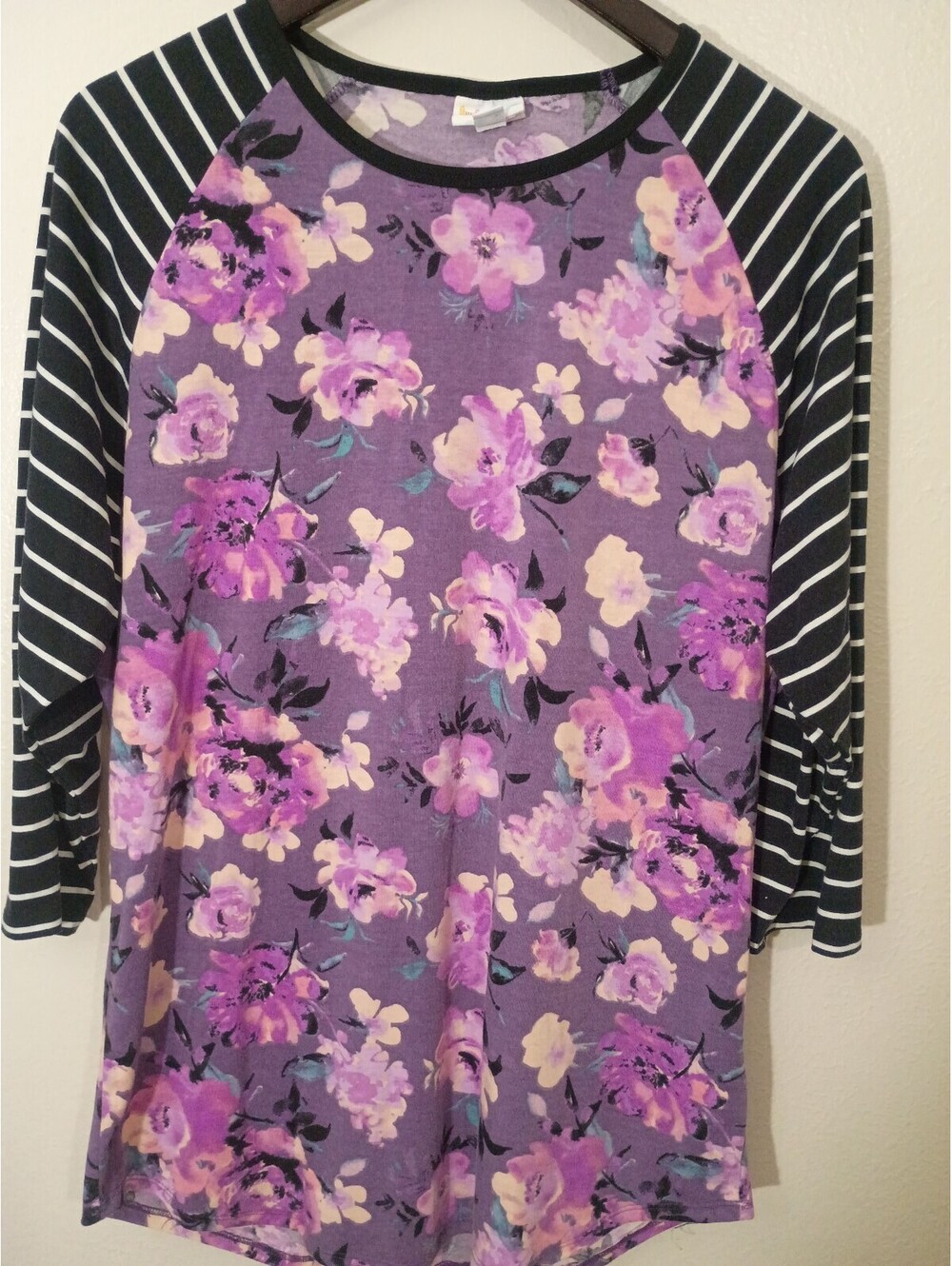 LuLaRoe XL Floral Purple and Black Striped Sleeve Shirt